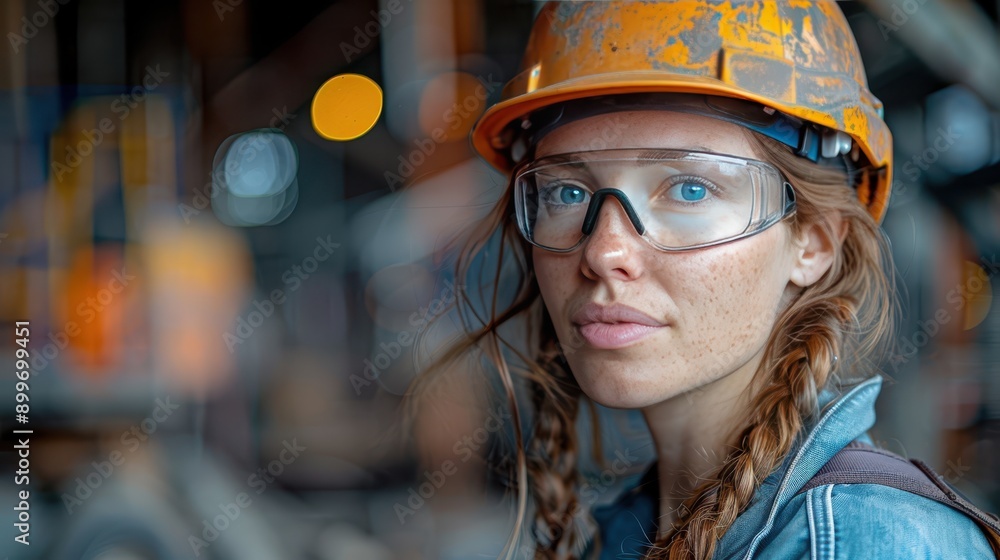 Confident Female Engineer with Helmet and Safety Glasses at Construction Site Confident Female Engineer with Helmet and Safety Glasses at Construction Site