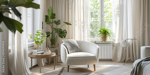 A cosy corner of a modern bright apartment in Scandinavian style. A round armchair, decorative plants, a summer window. Lots of air and light. The concept of quiet luxury, accessible to everyone © SunnyCat