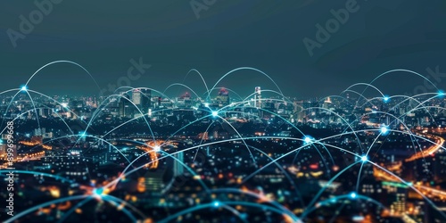 Fototapeta Naklejka Na Ścianę i Meble -  abstract line connection on night city background