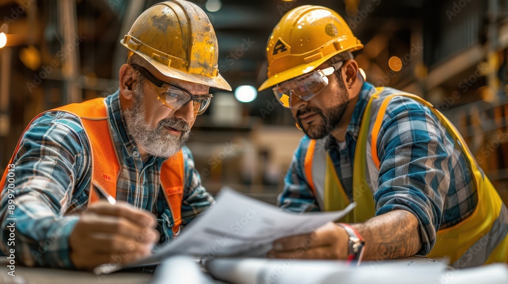Construction Foreman Discussing Project Plans with Worker in Safety Gear Construction Foreman Discussing Project Plans with Worker in Safety Gear