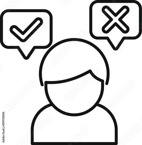 Line icon of a person with speech bubbles containing checkmark and cross mark, symbolizing decision making