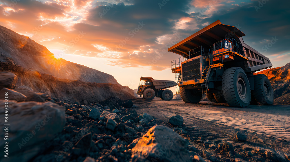 Heavy machinery working in a mining site at sunset. Heavy machinery working in a mining site at sunset.