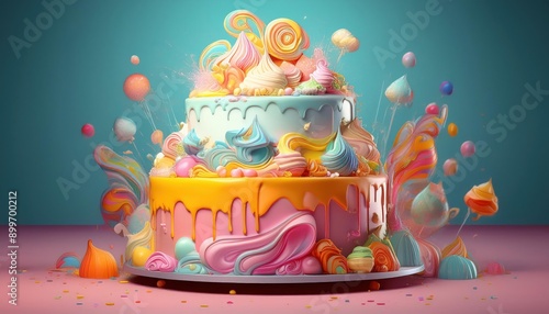 Cake with lots of icing and frosting and a colorful pastel background