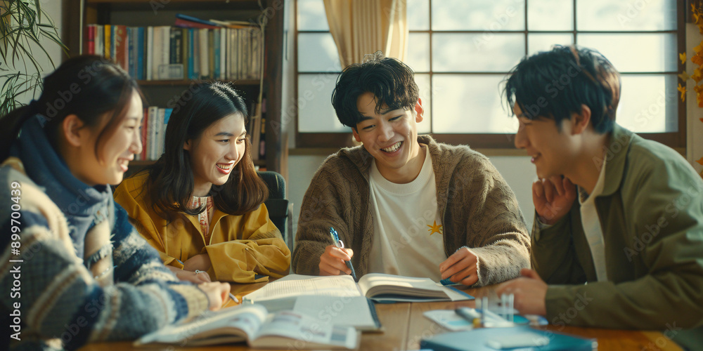 Four asian friends gathered around a table, engrossed in their studies, surrounded by books and a warm atmosphere. Four asian friends gathered around a table, engrossed in their studies, surrounded by books and a warm atmosphere.
