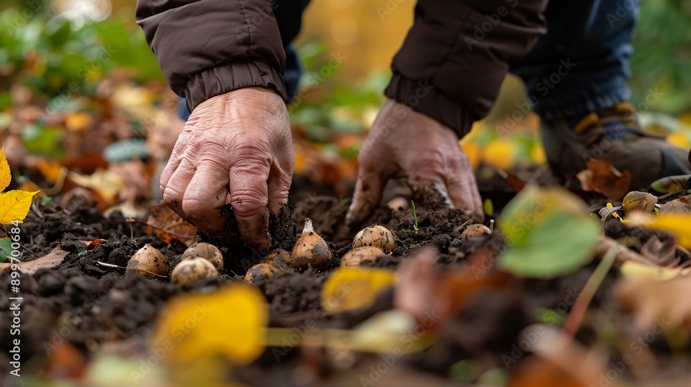 A close-up of hands planting bulbs for next year's harvest, with autumn foliage in the background A close-up of hands planting bulbs for next year's harvest, with autumn foliage in the background