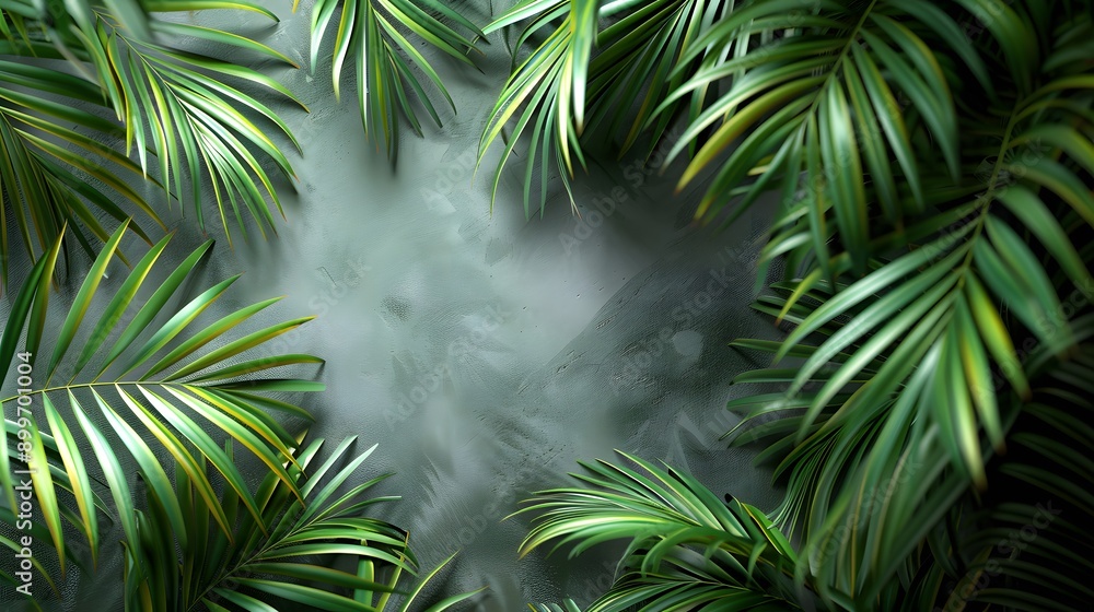Lush Tropical Paradise. Vibrant green palm leaves in realistic 3D depiction Lush Tropical Paradise. Vibrant green palm leaves in realistic 3D depiction