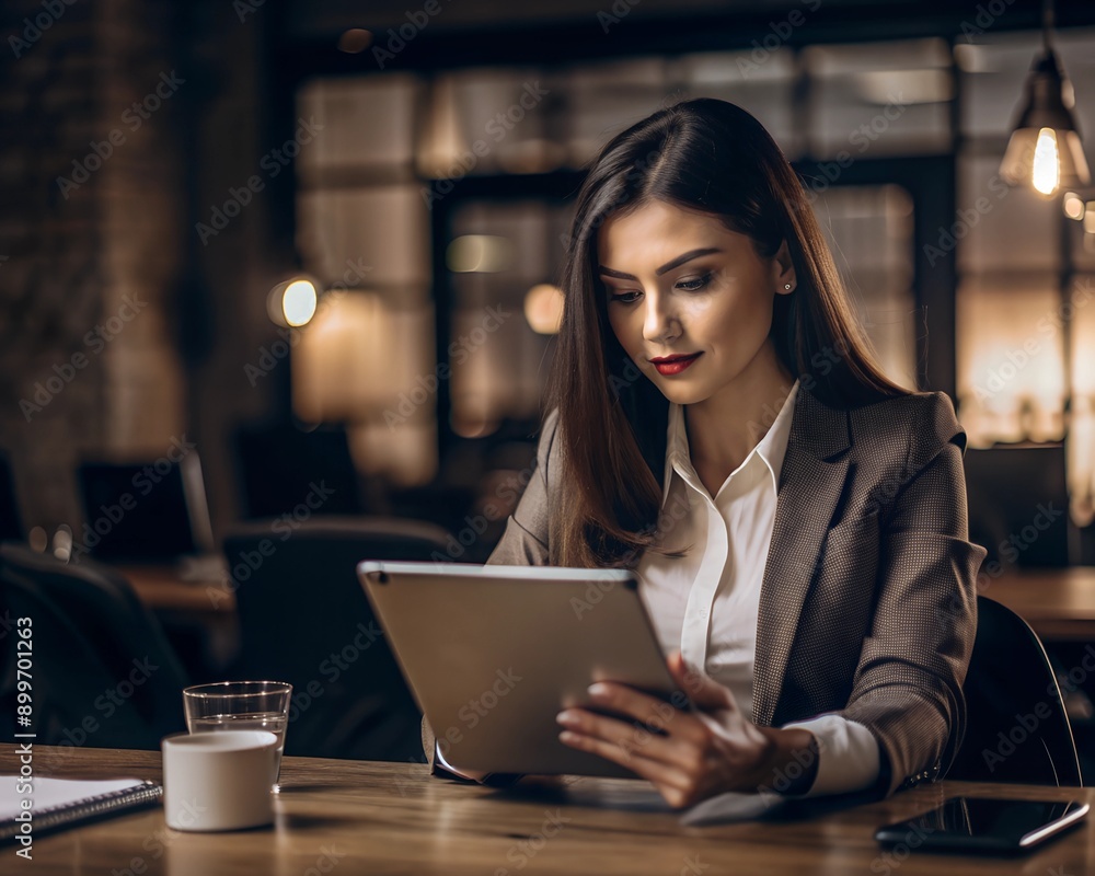 Woman working in office, sitting at desk, holding tablet, business style Woman working in office, sitting at desk, holding tablet, business style