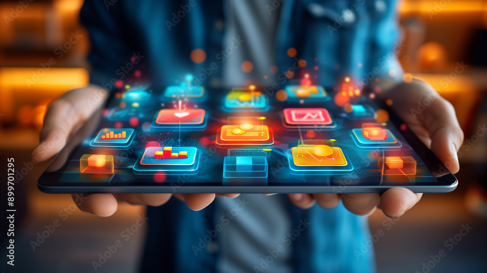 Person Holding Tablet With Colorful App Icons Person Holding Tablet With Colorful App Icons