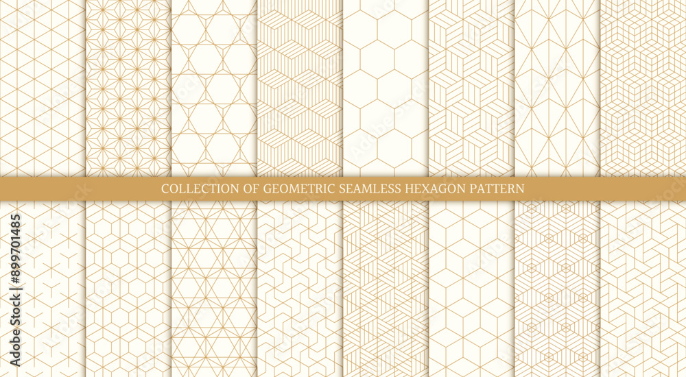 Set of 16 hexagon line seamless pattern backgrounds, vector illustration.