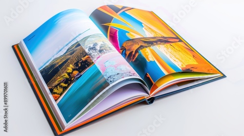 Open book showing colorful pictures of landscapes, printed on high quality paper with a white background photo