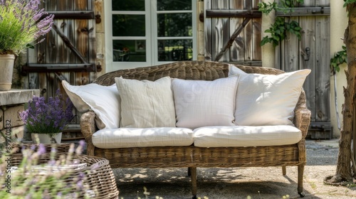 In the heart of the countryside, a rustic home with stone walls and open shutters is surrounded by lush foliage including a charming outdoor lounge area with white cushioned wicker furniture. photo