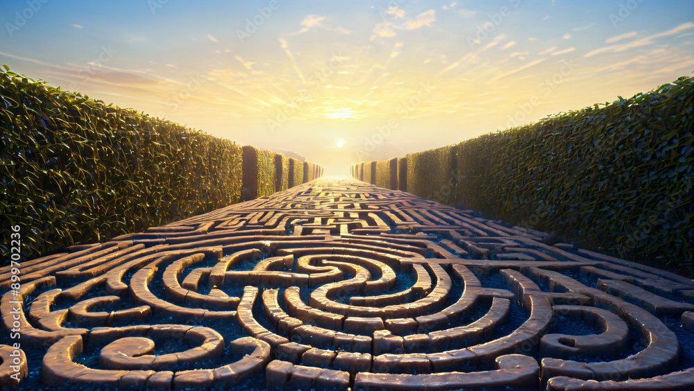 A mystical labyrinth of hedges at sunset, intertwining patterns of the road, and warm light creating an atmosphere of romance and solitude on a summer evening, with deep perspective, greenery, and sha A mystical labyrinth of hedges at sunset, intertwining patterns of the road, and warm light creating an atmosphere of romance and solitude on a summer evening, with deep perspective, greenery, and sha