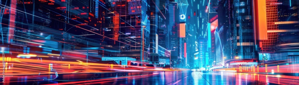 Fototapeta premium Vibrant Urban Landscape: Abstract Neon Signs in Bright Digital Art Colors