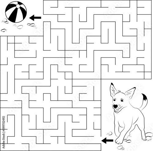 Labyrinth or maze game. Puzzle for kids. Help the dog find the way to the play ball