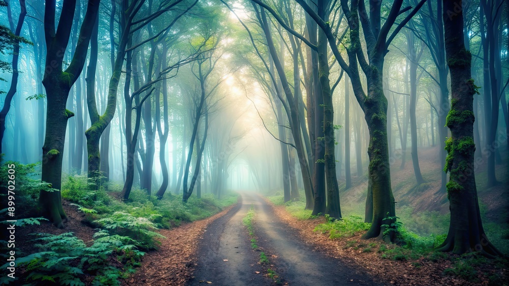 Naklejka premium Mysterious foggy forest path shrouded in mist, mystical, ethereal, fog, trees, pathway, mysterious, enchanting, woods