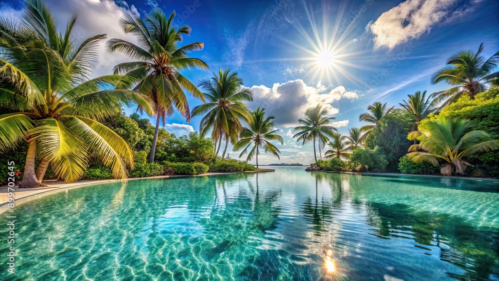 Tranquil tropical oasis with sunlit poolside paradise, crystal clear water, and palm trees, tropical, oasis, sunlit Tranquil tropical oasis with sunlit poolside paradise, crystal clear water, and palm trees, tropical, oasis, sunlit