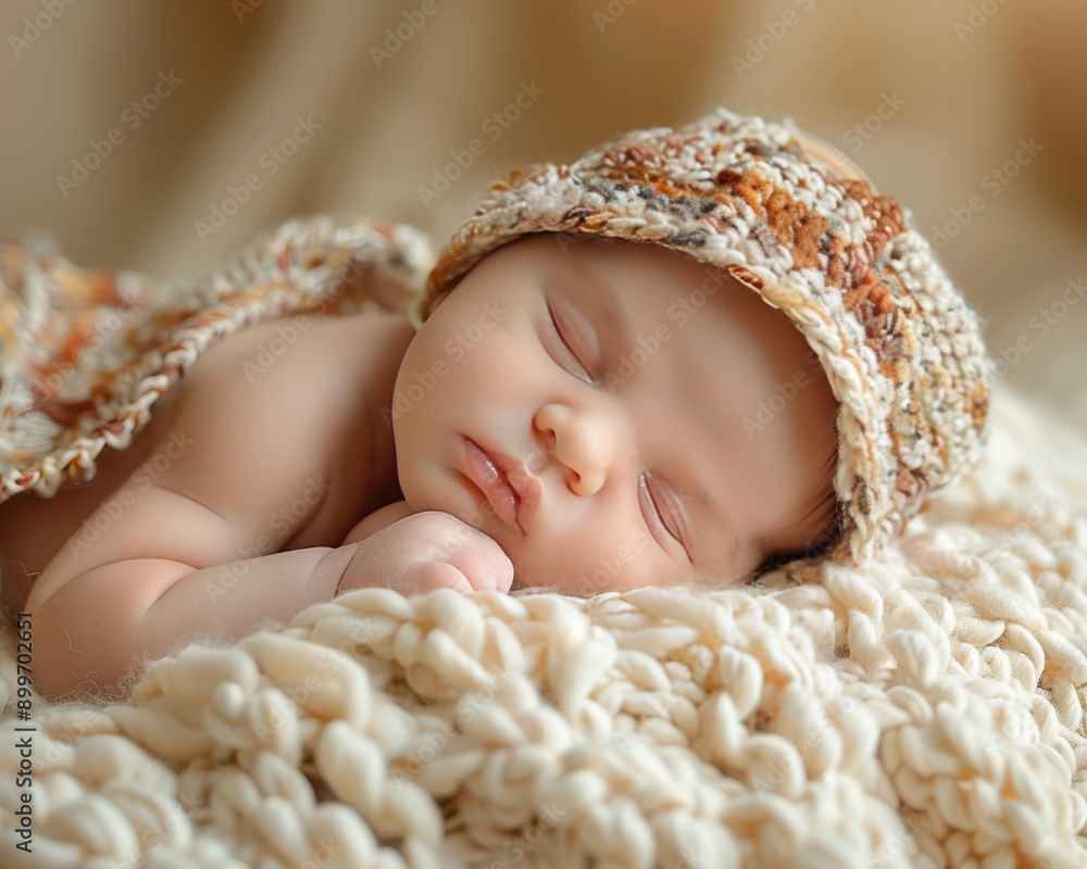 Serene Newborn Baby Boy Sleeping in Cute Hat on Fluffy White Blanket with Soft Natural Light Serene Newborn Baby Boy Sleeping in Cute Hat on Fluffy White Blanket with Soft Natural Light