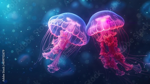 Two glowing jellyfish underwater photo