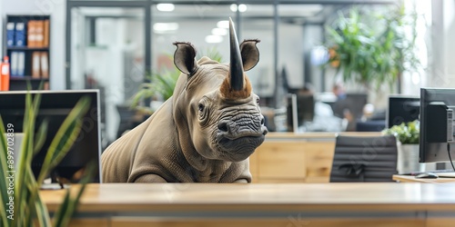 A rhino stands in a modern office, surrounded by plants and clean decor, illustrating an engaging and productive workspace. photo