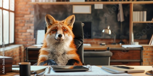 A fox is sitting at an office desk in a modern industrial-style office with exposed brick walls and wooden furniture. photo