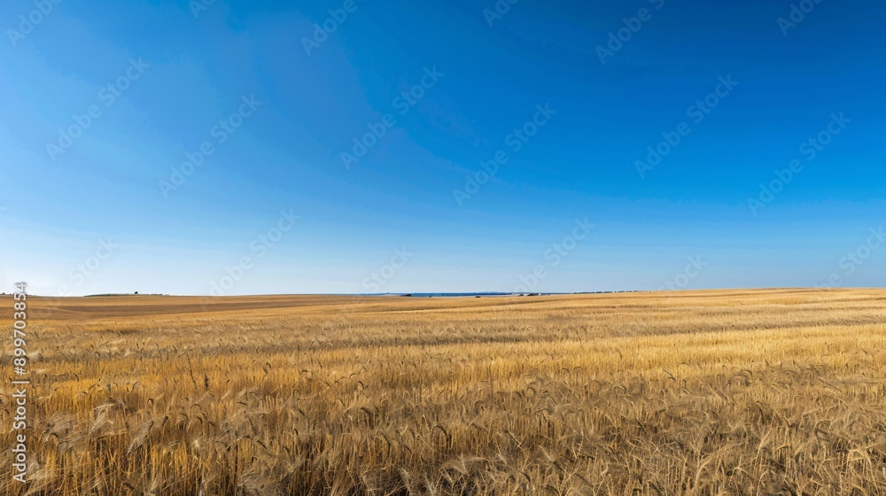 A field of golden wheat ready for harvest under a clear blue autumn sky A field of golden wheat ready for harvest under a clear blue autumn sky