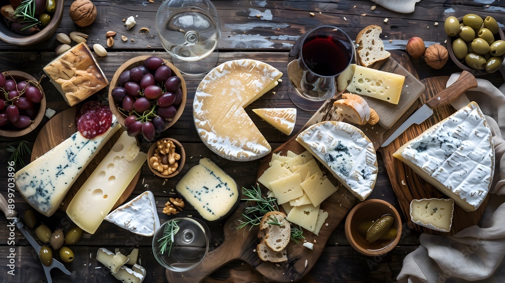Rustic Cheese and Wine Spread on Wooden Table Rustic Cheese and Wine Spread on Wooden Table