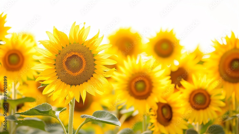 Naklejka premium A field of sunflowers with golden petals, ready for harvest, against a clear autumn sky