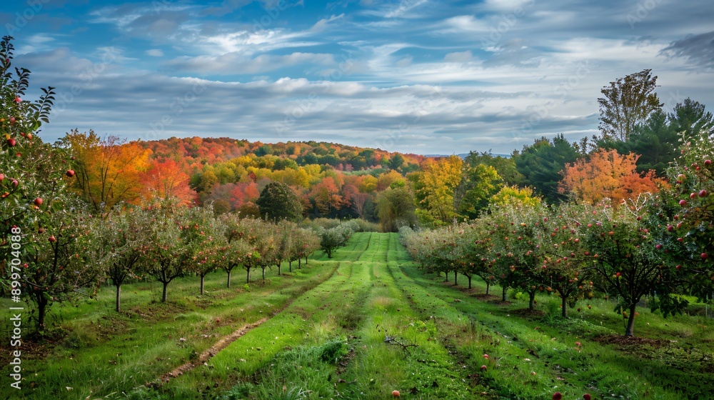 A picturesque orchard with rows of apple trees heavy with ripe fruit, leaves turning vibrant colors A picturesque orchard with rows of apple trees heavy with ripe fruit, leaves turning vibrant colors