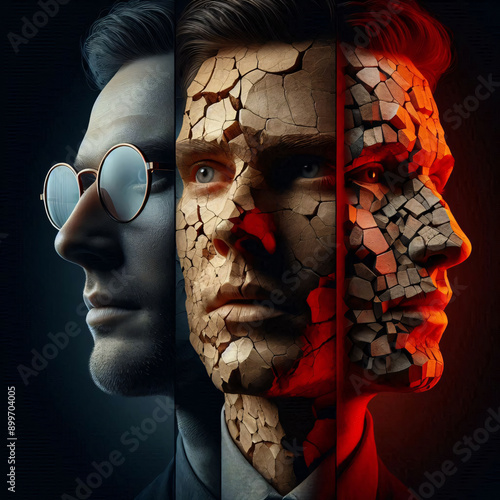 Disintegrated paranoid personality Disturbed mind borderline psychosis schizophrenia, psychiatry and psychotherapy motif theme, illustration poster wallpaper background  photo