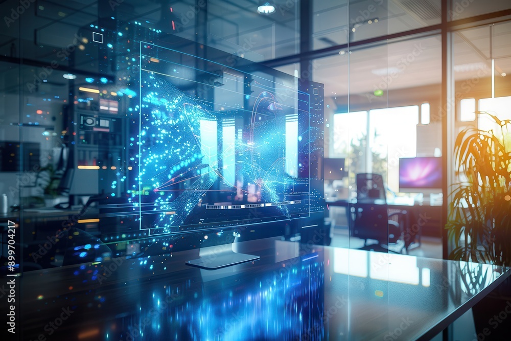 Futuristic hologram display in a modern office, captured with a wide-angle lens on a bright afternoon, showcasing vibrant and dynamic technology in a sleek environment. Futuristic hologram display in a modern office, captured with a wide-angle lens on a bright afternoon, showcasing vibrant and dynamic technology in a sleek environment.