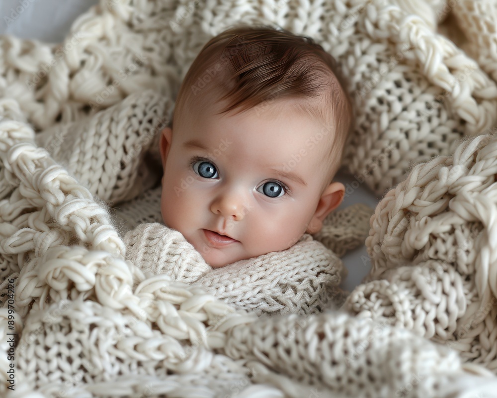 Innocent Wonder - Adorable Newborn Baby Boy with Bright Eyes Lying in Cozy Blankets Innocent Wonder - Adorable Newborn Baby Boy with Bright Eyes Lying in Cozy Blankets