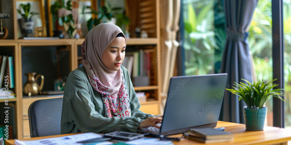 asian woman in a hijab is sitting at a desk in her home office, using a laptop for a video conference with a group of people. asian woman in a hijab is sitting at a desk in her home office, using a laptop for a video conference with a group of people.