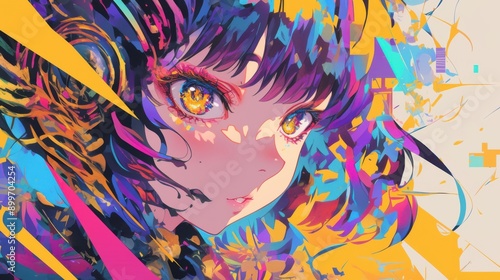 Vivid digital art of a colorful anime character with abstract patterns, showcasing intricate details and vibrant hues in a dynamic composition.