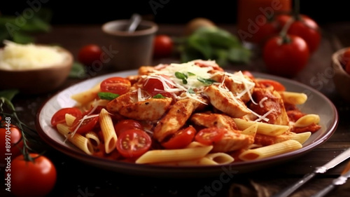 penne pasta in tomato sauce with chicken and tomatoes on a wooden table, Generative AI.