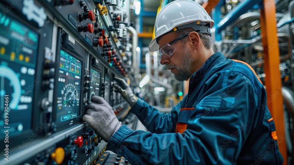 Male Technician Monitoring Control Panel in Refinery with Multiple Screens Showing Data and Readings Male Technician Monitoring Control Panel in Refinery with Multiple Screens Showing Data and Readings