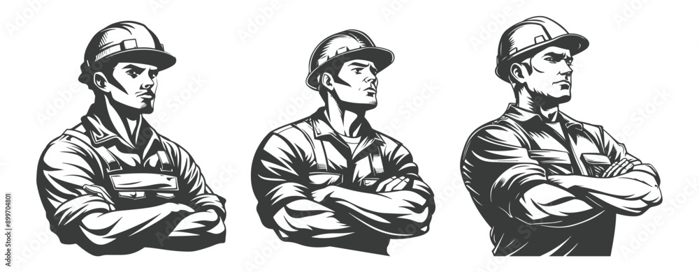 custom made wallpaper toronto digitalconstruction workers wearing hard hats, safety glasses, and overalls with arms crossed generative ai