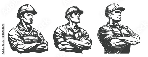 construction workers wearing hard hats, safety glasses, and overalls with arms crossed generative ai