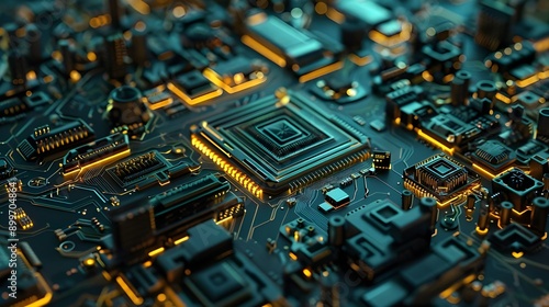 Detailed close-up of a computer motherboard, highlighting intricate circuits and technology.