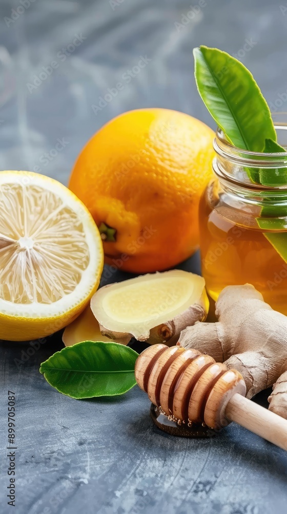 Fresh ginger root and lemon slices beside a jar of honey with a wooden dipper, surrounded by green leaves for natural health benefits Fresh ginger root and lemon slices beside a jar of honey with a wooden dipper, surrounded by green leaves for natural health benefits