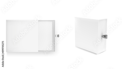 White slide box mockup. Cardboard drawer gift package design set. 3d open and close paper matchbox for retail presentation. Realistic pull or sliding packaging illustration. Top view jewelry case