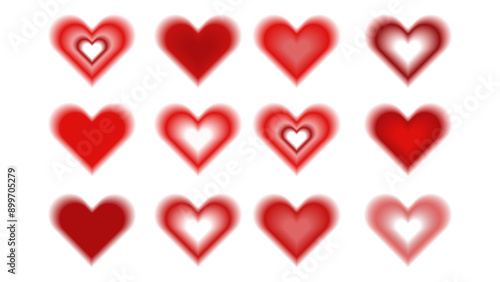Red y2k blur heart element. Aesthetic aura shape graphic template set. Soft gradation halo mesh. Blurry love effect for Valentine day. Different romantic frame clipart with daisy color transition