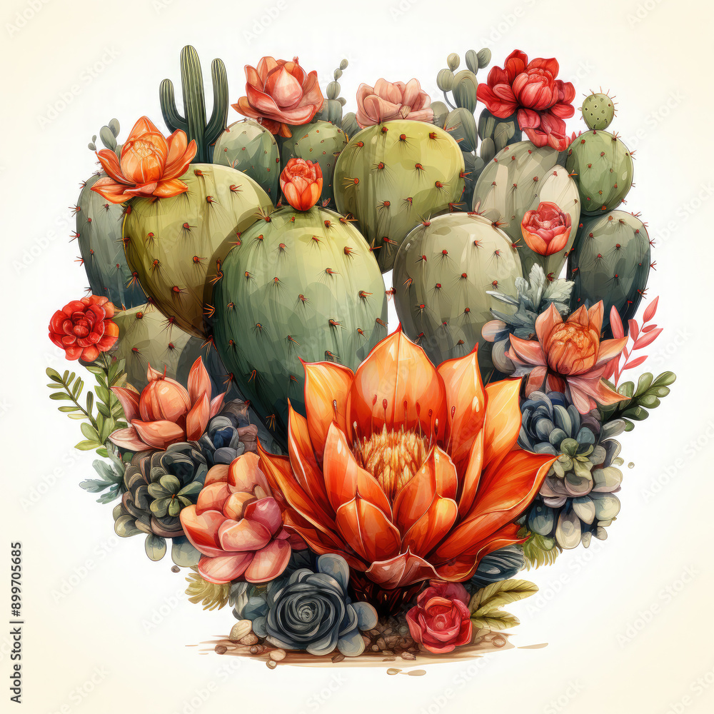 Fototapeta premium Watercolor Cactus Heart, clipart Illustration, Generative Ai