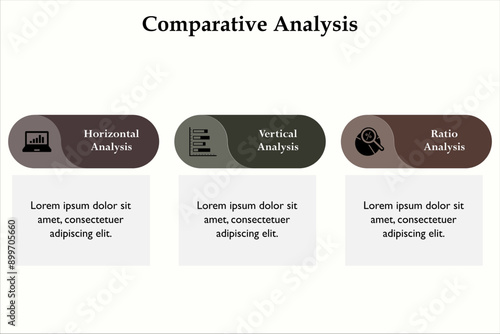 Three types of Comparative analysis. Infographic template with icons and description placeholder