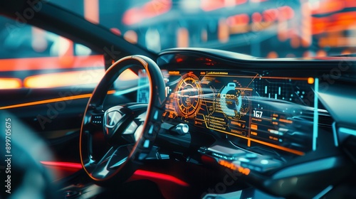 Futuristic holographic interface in a modern car, captured with a telephoto lens on a sunny day. This crisp and vibrant image highlights advanced technology and seamless integration within the vehicle