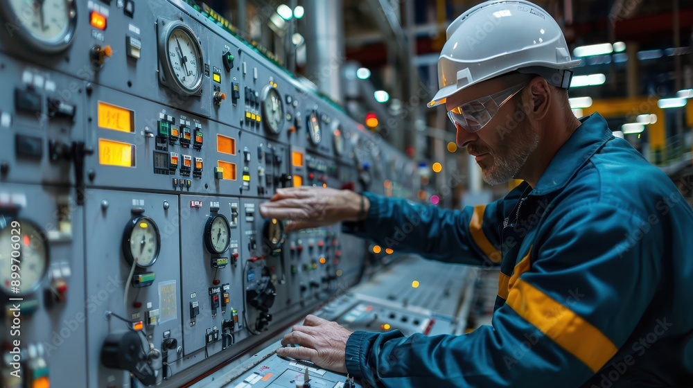 Skilled Engineer Monitoring and Adjusting Controls in Modern Refinery Control Room Skilled Engineer Monitoring and Adjusting Controls in Modern Refinery Control Room