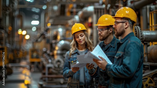 Team of Oil and Gas Workers Strategizing at Refinery Site Amid Industrial Machinery