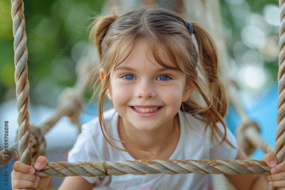 Smiling Girl on Playground Rope Climber Smiling Girl on Playground Rope Climber