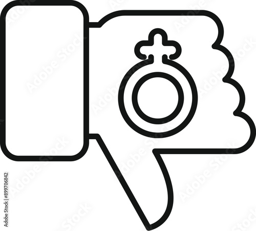 Line icon showing a hand giving a thumbs down with a female gender symbol on it, representing sexism