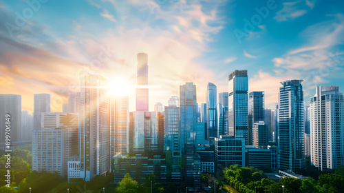 Sunrise over a modern city skyline with skyscrapers.