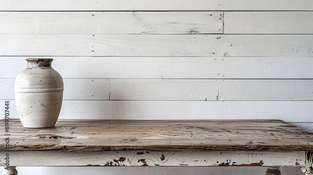 Rustic Farmhouse Table Against White Shiplap Wall Perfect for Country Style Product Display Rustic Farmhouse Table Against White Shiplap Wall Perfect for Country Style Product Display